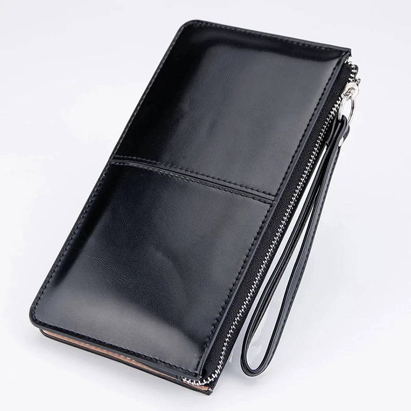 Women's Vintage Oil Wax Leather Zipper Clutch Wallet Female Large Capacity Coin Purse Ladies Wristband Simple Card Holder Wallet