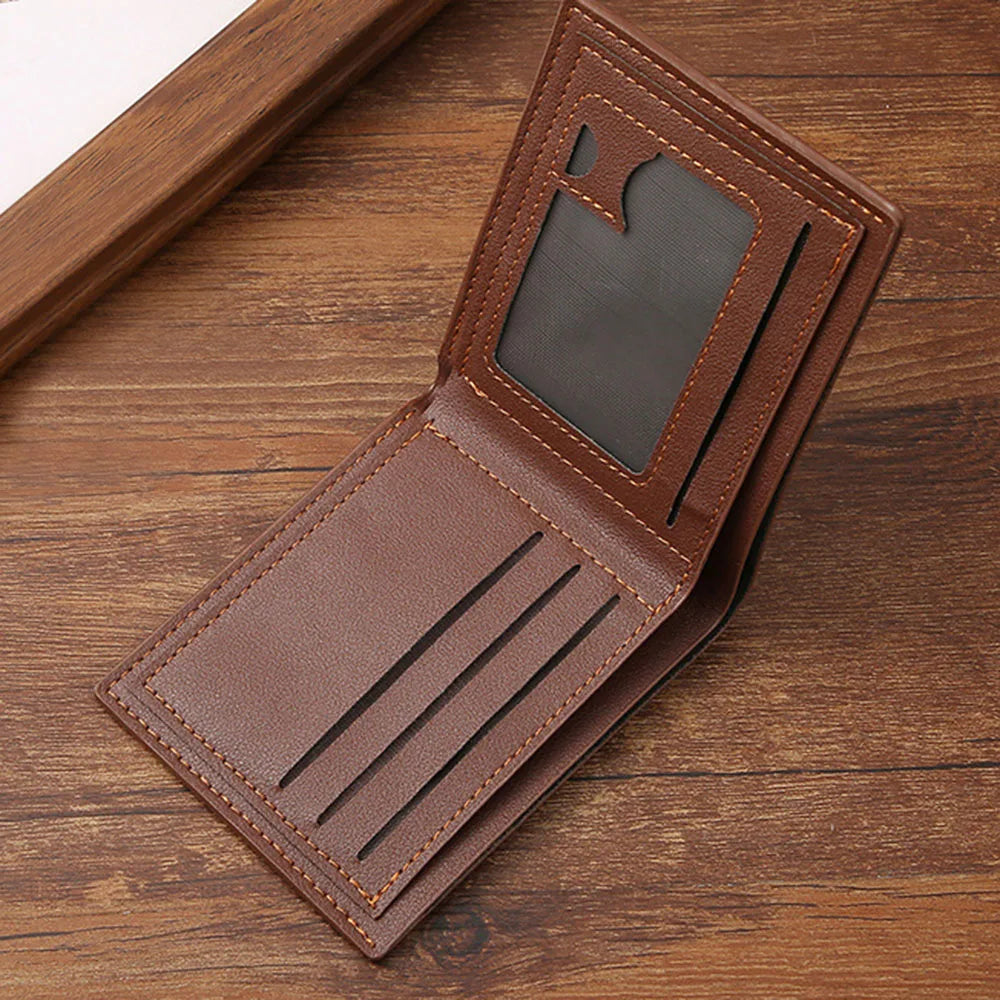 Lychee Texture PU Leather Men's Wallet Short Cash Purse Multi Card Slot Patchwork Card Holder Photo Holder Horizontal Money Clip