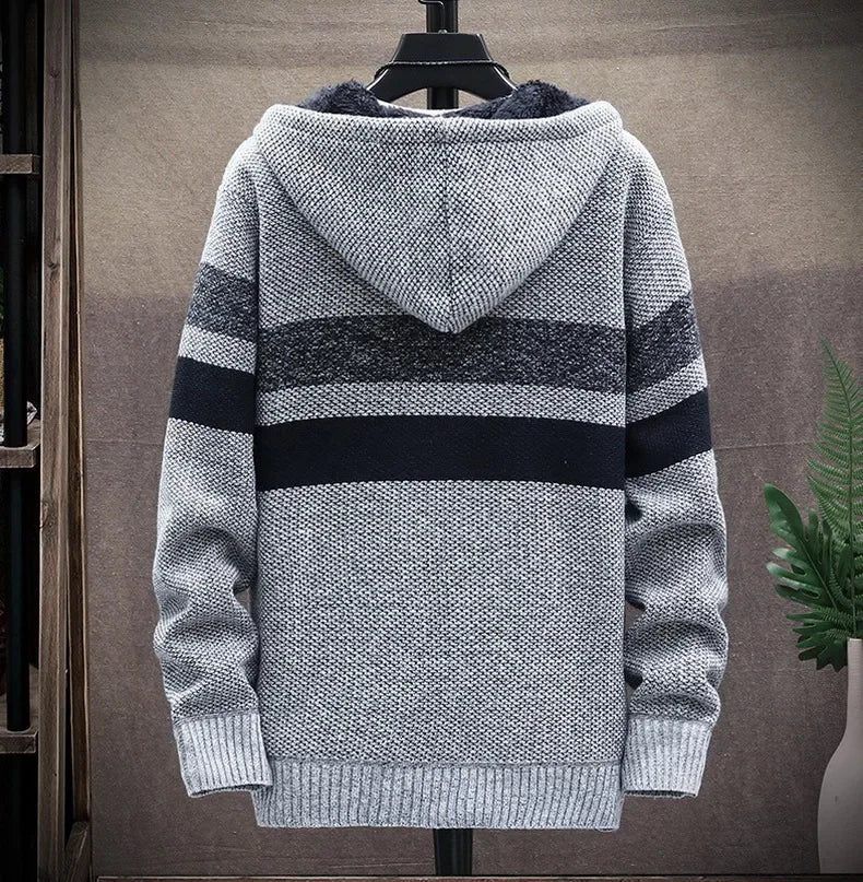 Customized Striped Mens Sweater Coat Thick Fleece Warm Zipper Wool Hooded Cardigan Jumpers Men Long Sleeve Knitted Sweaters