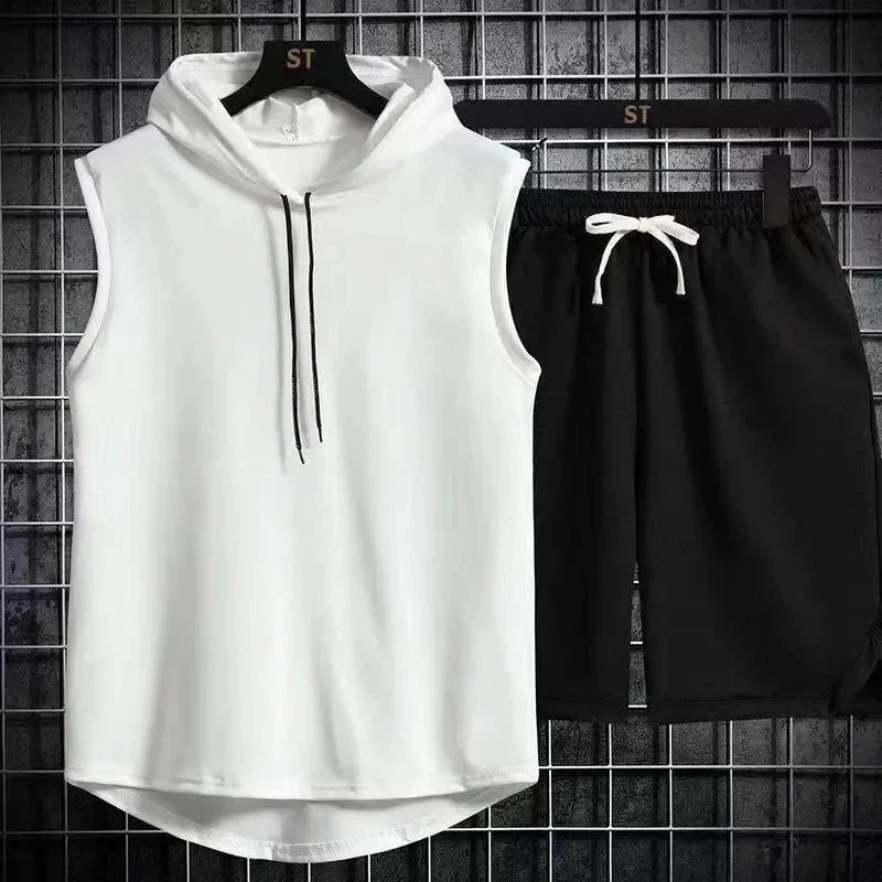 Men's oversized tracksuit, sleeveless hooded T-shirt, shorts, sports vest, two-piece suit, gym sweatpants, new for summer