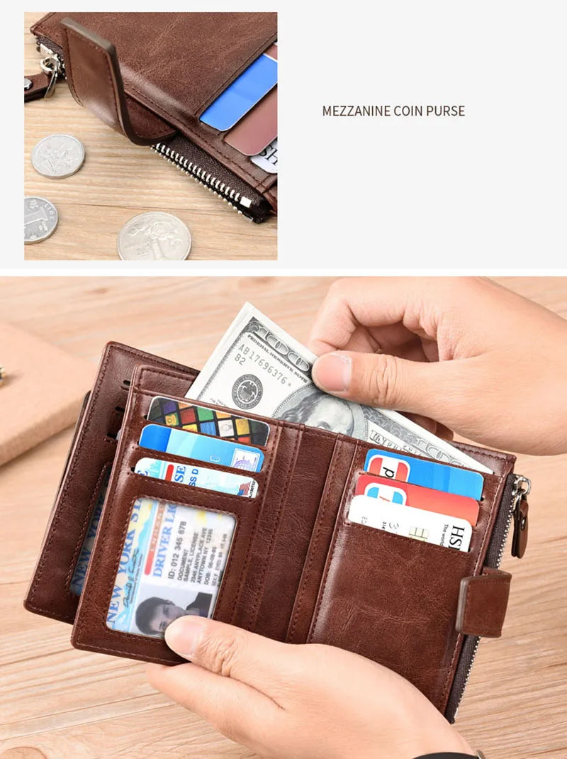 Leather Men's Wallet Luxury Short RFID Card Holder for Men Zipper Coin Purse Portable Male Wallets Billfold