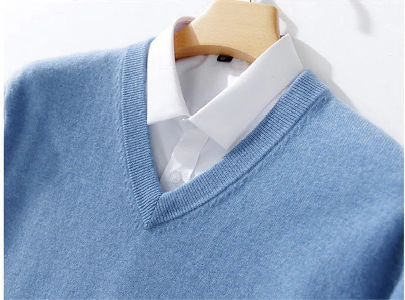 Men's Cashmere Cotton Blend Warm Pullovers Sweater V Neck Knit Winter New Tops Male Wool Knitwear Jumpers