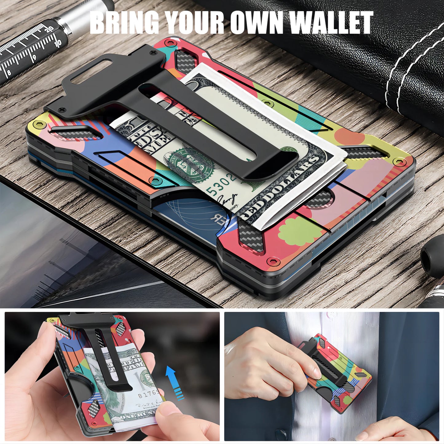 Minimalist Wallet for Men- Slim Aluminum Metal Money Clip Wallet with Clear ID Card Holder, RFID Blocking, Holds up 15 Cards