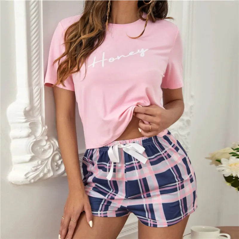 Women Pajama Set Super Soft Cotton Short Sleeve Pink Tops With Long Pants  Two Pieces High Quality Sexy Lingerie Homewear Set