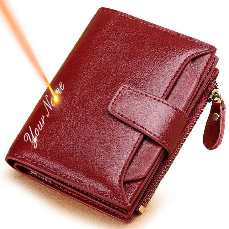 2024 New Short Women Wallets Genuine Leather Zipper Coin Pocket Women Purse Name Engraved Quality Card Holder Kpop Female Wallet