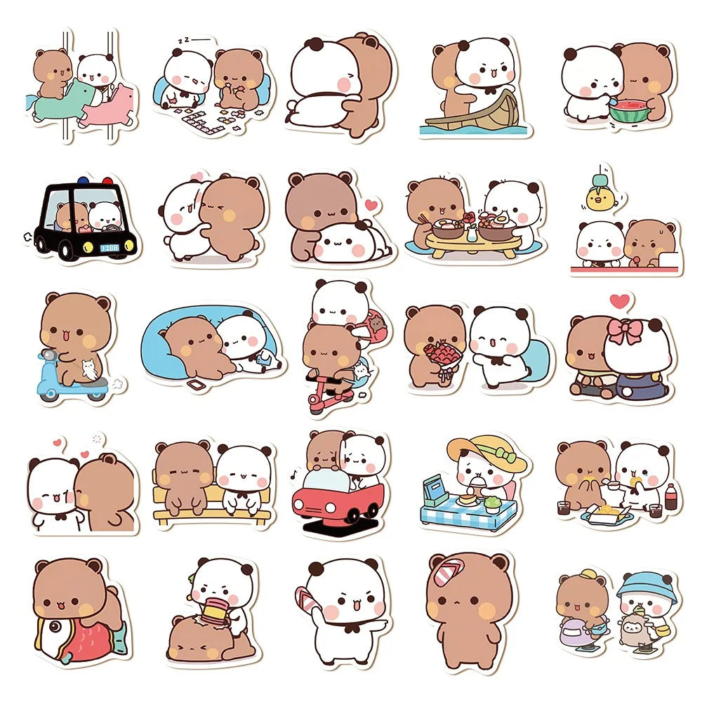 50sheets/set Bear Cute Bear and Panda Stickers Waterproof Panda Cartoon Bear and Panda Stickers Cartoon PVC Bubu Dudu Stickers