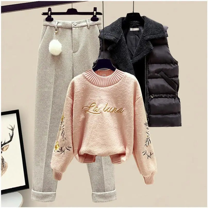 Thickened Cotton Jacket Vest Knitted Long Sleeved Sweater Pullover Woolen Pants Three Piece Elegant Women's Pants Set