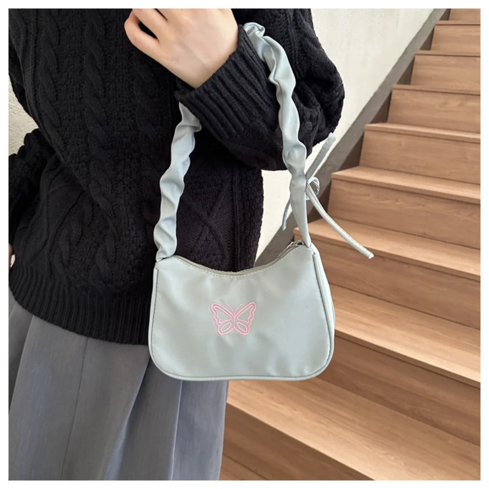 Embroidery Bowknot Butterfly Shoulder Bag Y2k-Style Ruffle Handle Nylon Bow Tote Bag Makeup Lipstick Bag Handbag New