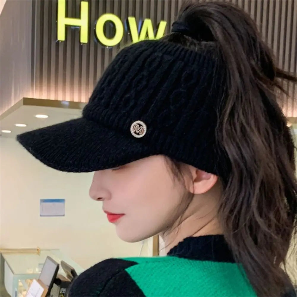 Women Hats 2022 New Autumn Winter Warm Rabbit Knitted Hats Outdoor Sports Golf Ponytail Hat Baseball Caps Empty Top Caps 1PC