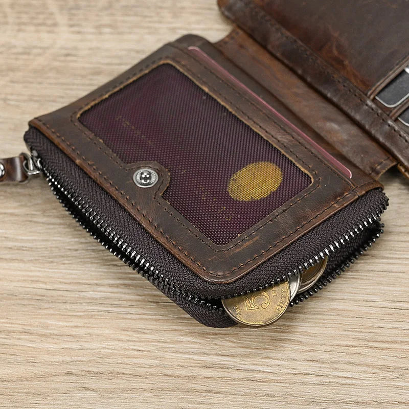 Leather Men‘s Short Wallet Hasp Genuine Leather Unisex Zipper Coin Clutch Purse Cowhide Card Holder Trifold Man wallets