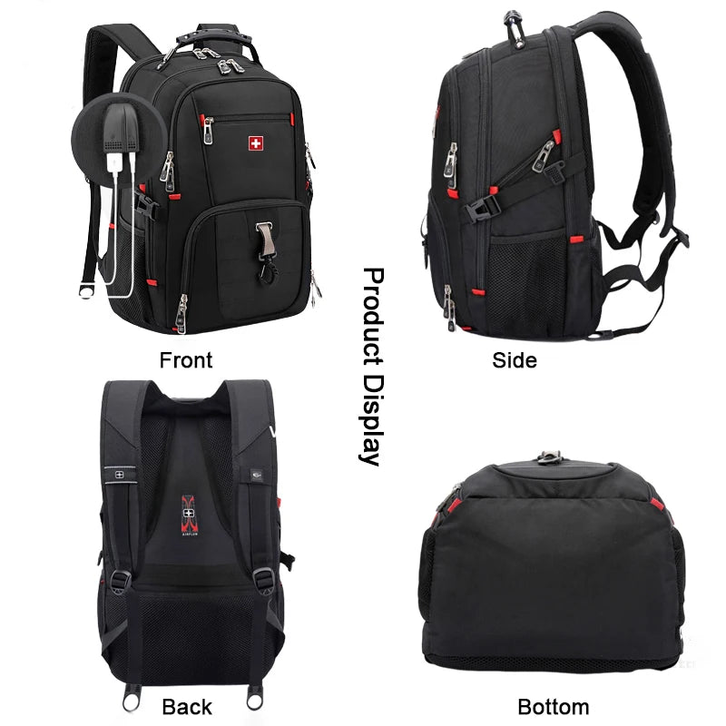 Swiss Durable 17 Inch Laptop Backpack 45L Travel Bag College Bookbag USB Charging Port Water Resistant Multifunctional Mochila