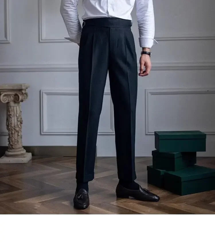 Spring Autumn White Men's Trousers Business Casual Cropped Pants Paris Button Trendy Italian Style