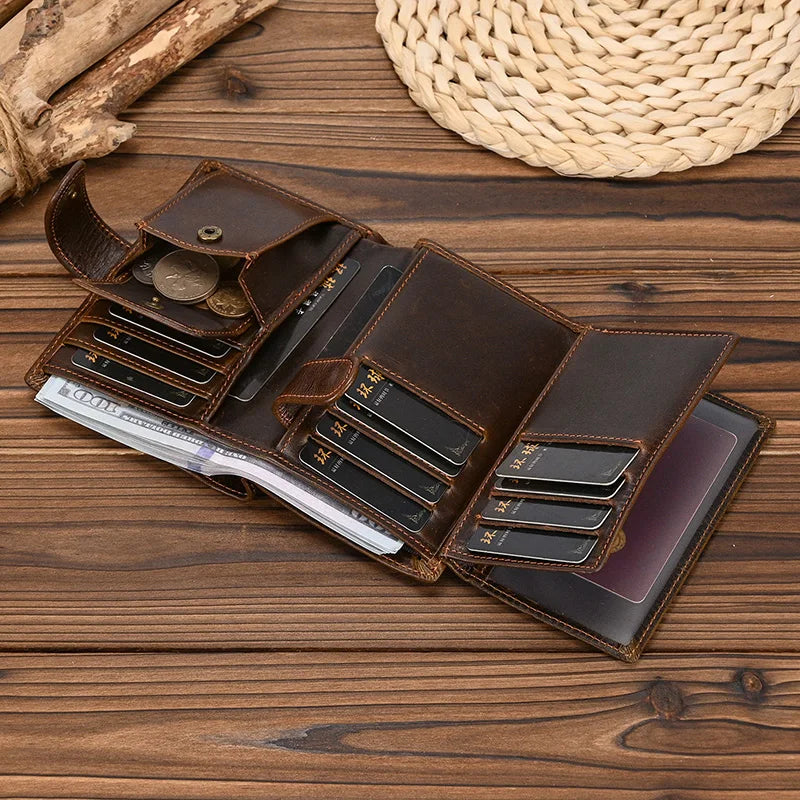 High Quality Genuine Leather Card Wallet Men Women RFID Genuine Leather Short Wallet Multi Cards Slots Button Man Purse