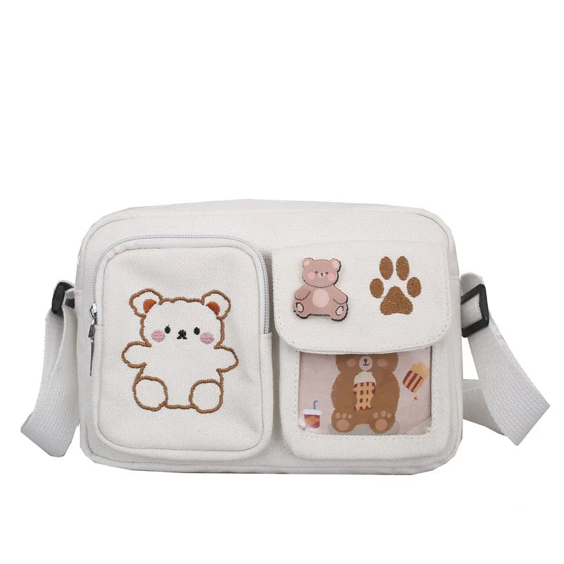 Canvas Small Bag Japanese ins Women Shoulder Bag Cute Funny Personality Embroidery Bear Girl Student Transparent Messenger Bag