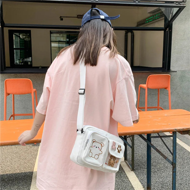 Canvas Small Bag Japanese ins Women Shoulder Bag Cute Funny Personality Embroidery Bear Girl Student Transparent Messenger Bag