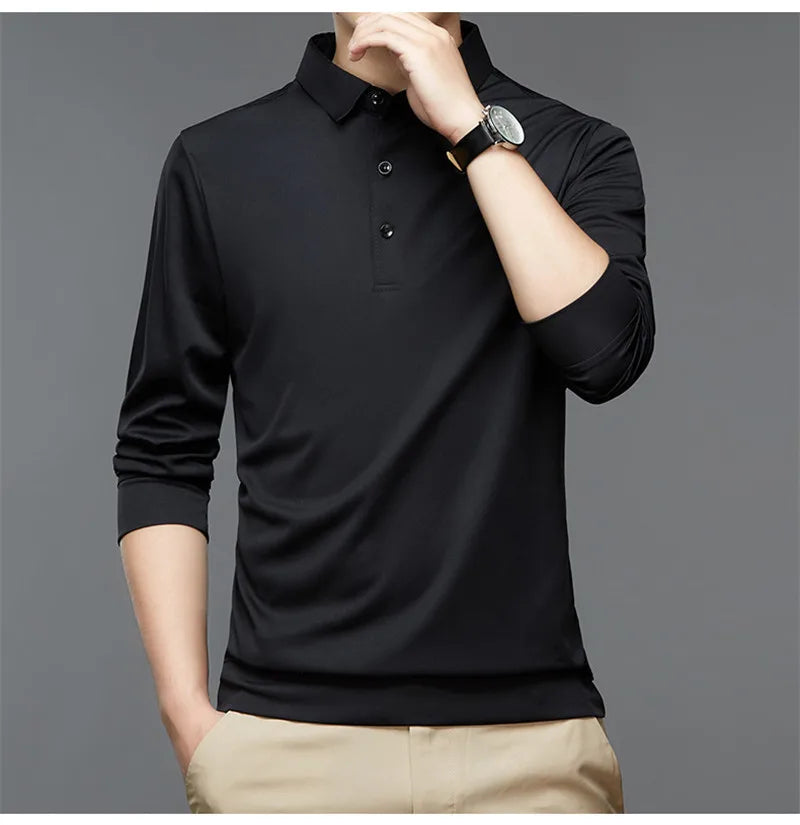 Fashion Men New Business Solid Polo Shirts Spring Autumn Thin Long Sleeve Button Lapel Male Clothing Loose Casual T-Shirt Tops