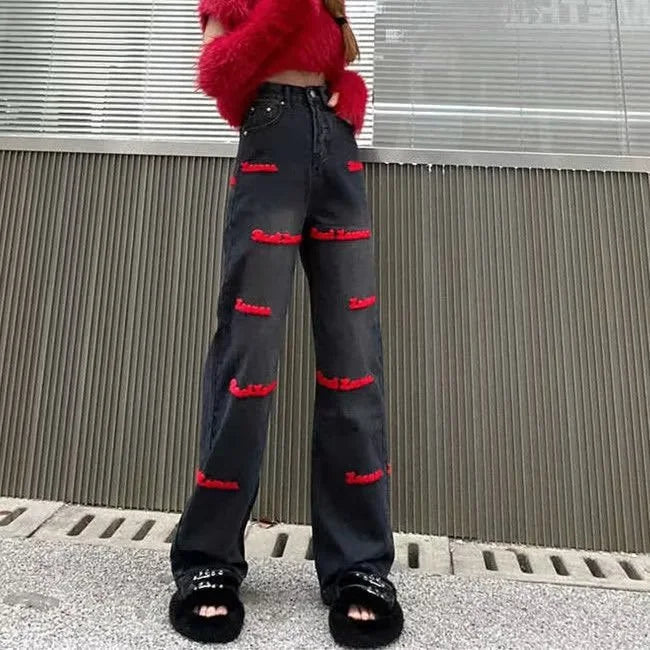 Loose Embroidered High-waist Women Jeans Spring Season Design Letter Straight Crotch Pants Slim Fit Dragging Long Pants