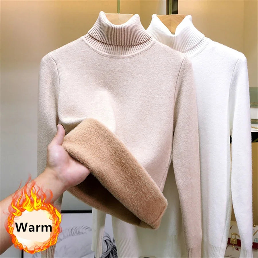 Winter Thick Plush Fleece Lined Knit Pullover Warm Soft Knitwear Jumper Turtleneck Sweater Women Slim Sueter Top New Malhas Pull