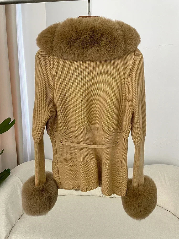 Autumn/Winter 2024 Women's Fur Coat Luxury Patchwork Knitted Sweater Bandage Fur Cardigan Detachable Collar Jacket Faux Fur Coat