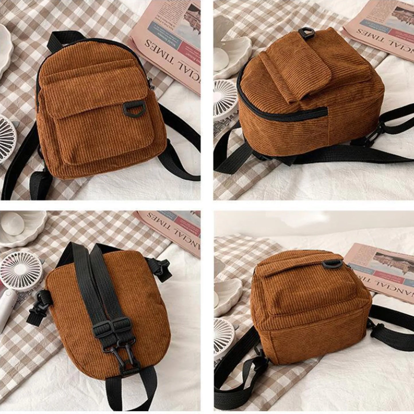 Women's Mini Backpack Fashion Solid Color Corduroy Small Simple Casual Traveling Large Capacity Female's Schoolbag