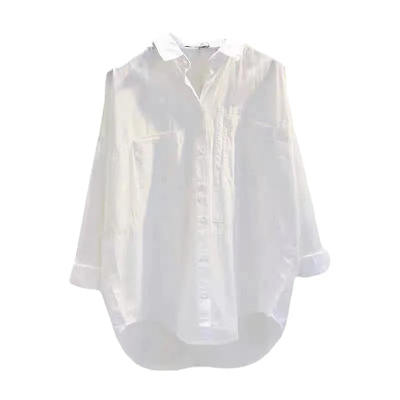 Casual Button Cotton White Women's Shirt Spring Long Sleeve Solid Loose Blouses Office Lady Elegant Tops