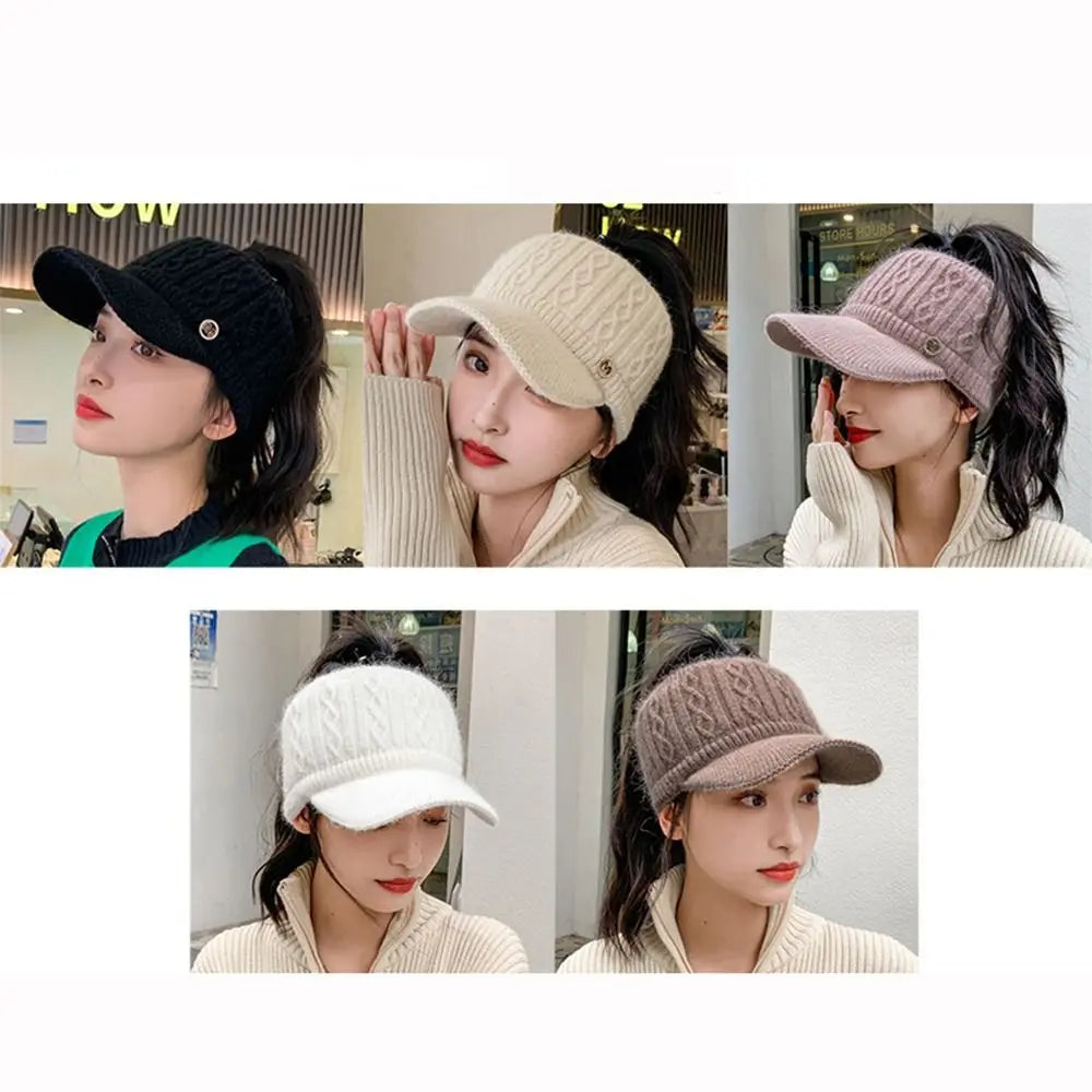 Women Hats 2022 New Autumn Winter Warm Rabbit Knitted Hats Outdoor Sports Golf Ponytail Hat Baseball Caps Empty Top Caps 1PC