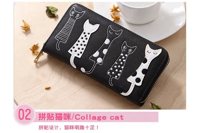 Women European and American Cats Cute Cartoon Embroidery Thread Ladies Zipper Long Wallet Clutch Bag Simple Fashion