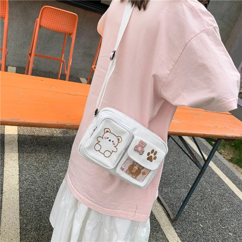 Canvas Small Bag Japanese ins Women Shoulder Bag Cute Funny Personality Embroidery Bear Girl Student Transparent Messenger Bag