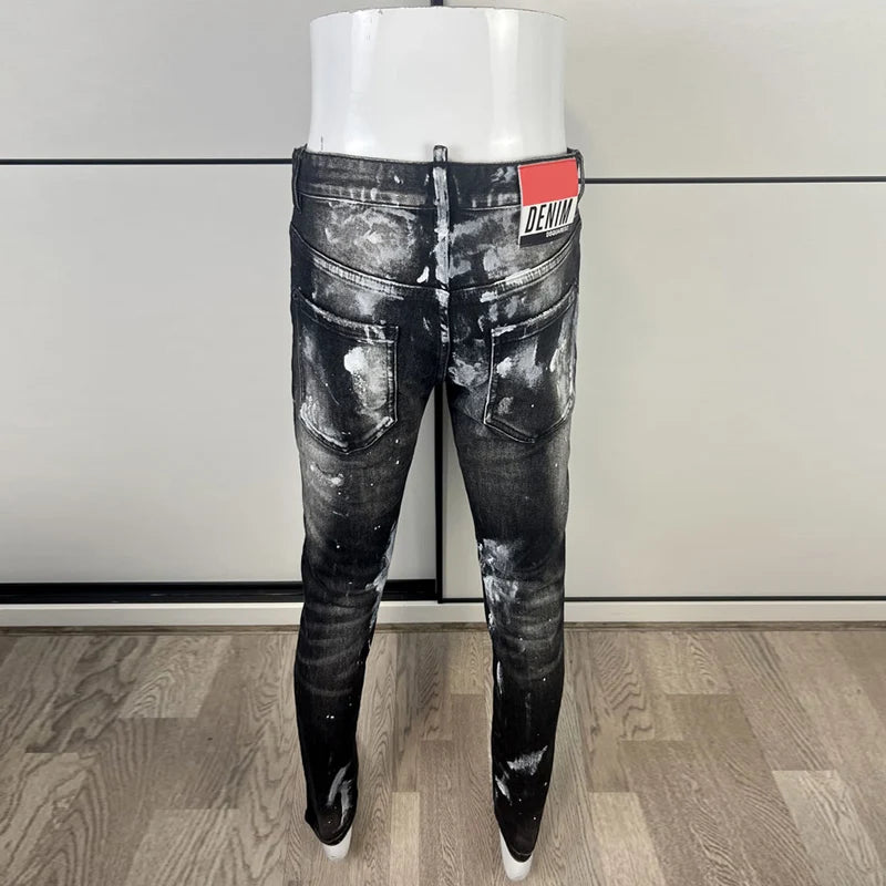 High Street Fashion Men Jeans Retro Black Gray Stretch Skinny Fit Ripped Jeans Men Painted Designer Hip Hop Brand Pants Hombre