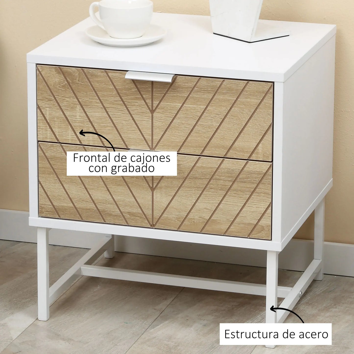 HOMCOM bedside table with 2 drawers and steel legs for living room 45x39x48 cm