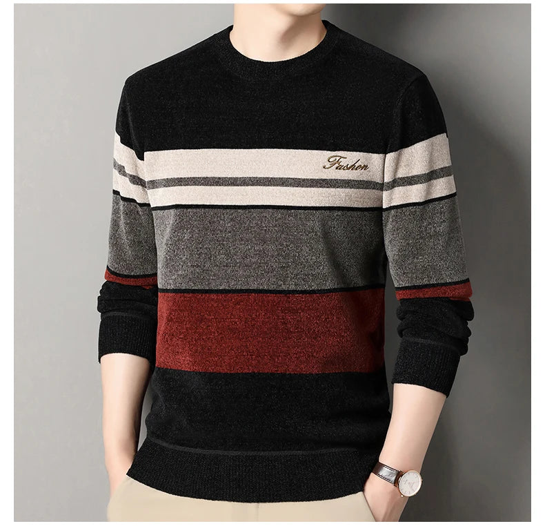 Pull en chenille pour homme, pull en tricot à rayures, haut d'automne et d'hiver, col rond, tricoté