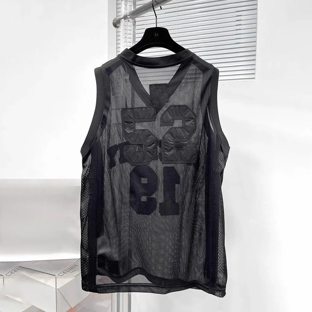 Mens Vest Digital Embroidery Semi Transparent Mesh Sleeveless Vest Summer Casual Sexy Youth trend Top Men's Clothing Unisex 2024