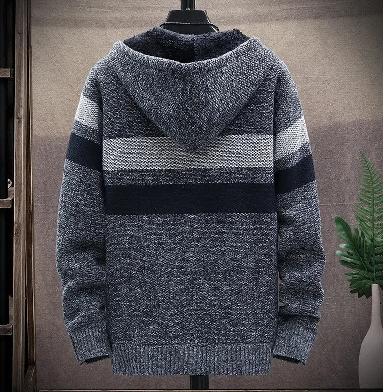 Customized Striped Mens Sweater Coat Thick Fleece Warm Zipper Wool Hooded Cardigan Jumpers Men Long Sleeve Knitted Sweaters