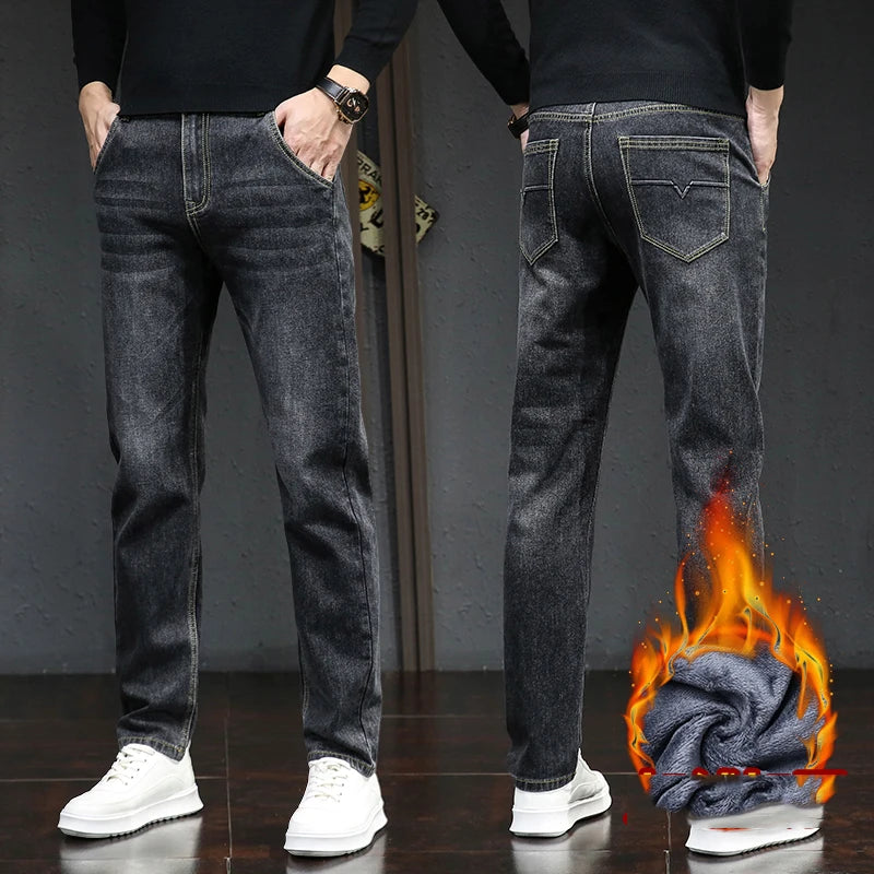 2024 Hiver Polaire Épais Chaud Jeans Hommes Slim Affaires Droit Élastique Denim Pantalon Décontracté Homme Vêtements Mode Peluche Pantalon