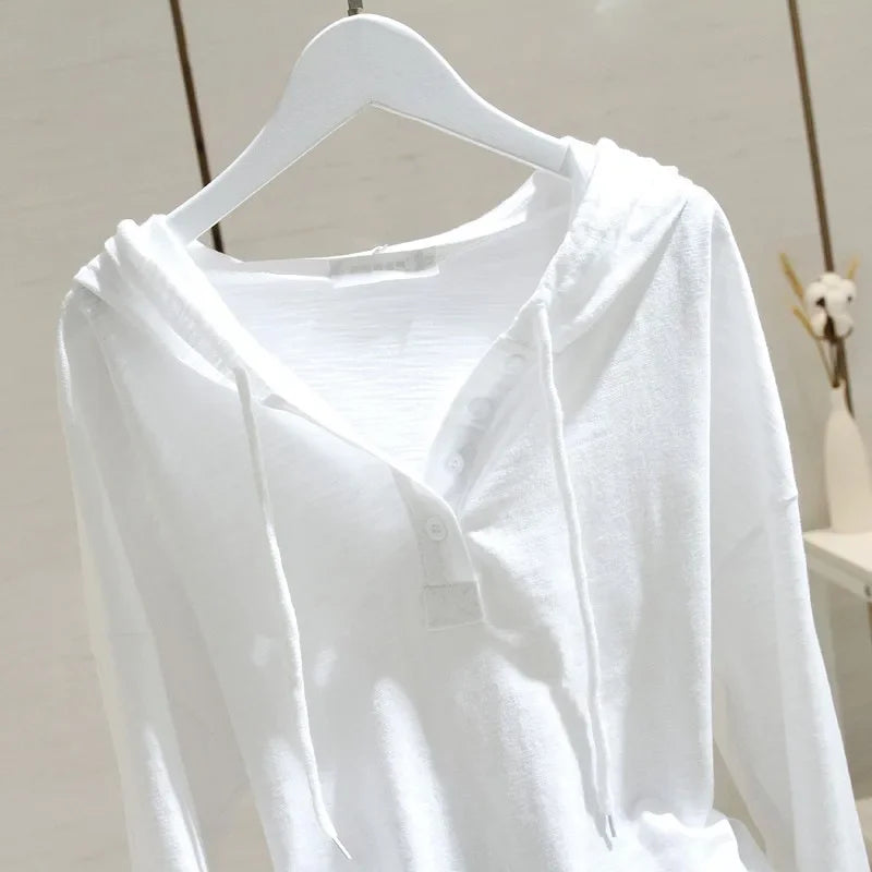 Women's Hooded Long Sleeve Cotton T-shirt 2024 Spring Autumn New Loose-fit Slimming Bamboo Node Inner Base Layer Top Trendy