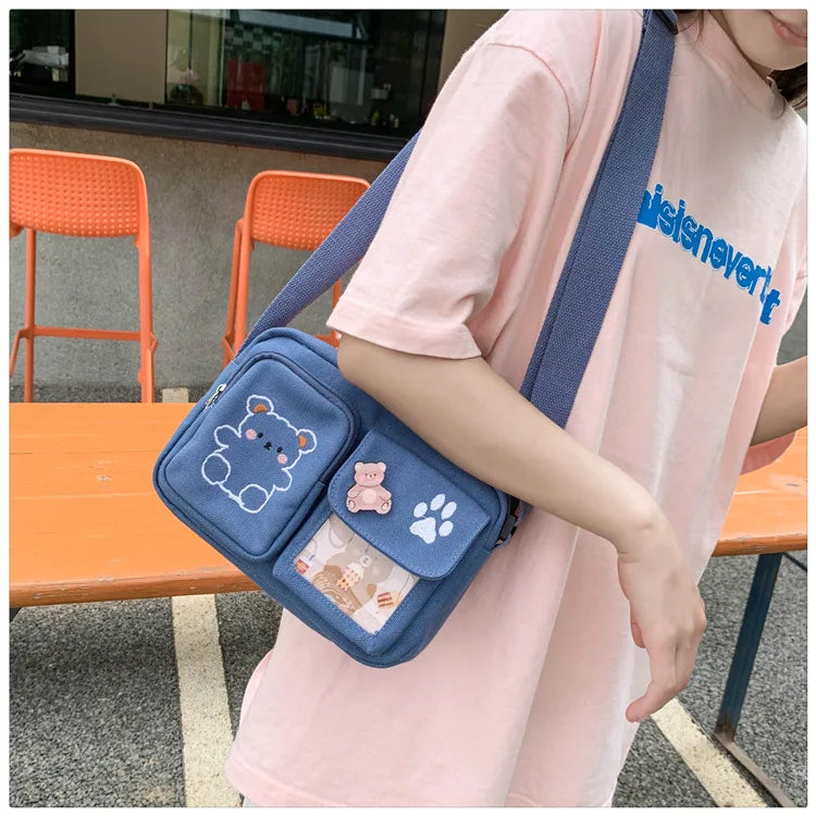 Canvas Small Bag Japanese ins Women Shoulder Bag Cute Funny Personality Embroidery Bear Girl Student Transparent Messenger Bag