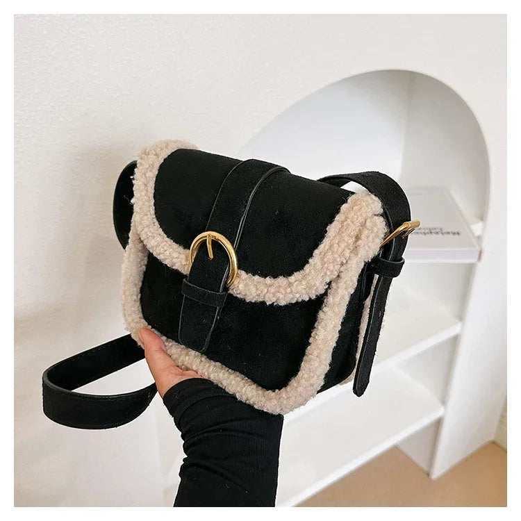 Women's Shoulder Bag Suede and Faux Fur Patchwork Retro Lock Crossbody Bag Small Flap Handbag Brand Designer Tote Bags Handbag