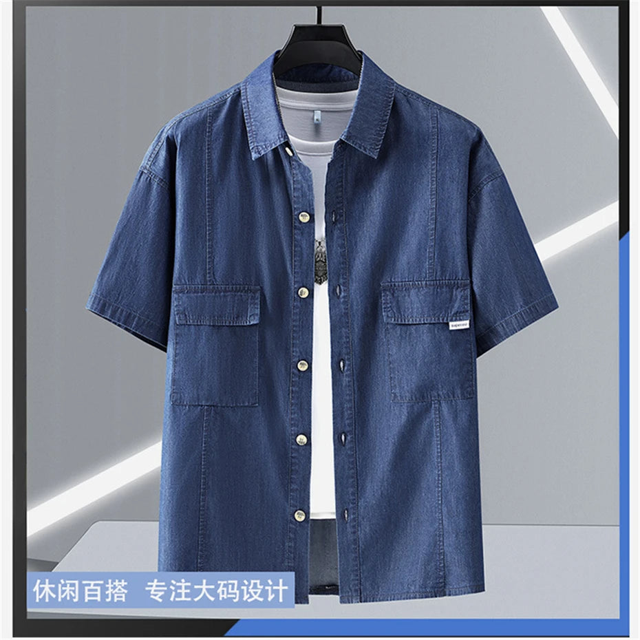 Summer Denim Shirt Men Short Sleeve Denim Shirts Jackets Male Plus Size 10XL Jean Shirts Blue Solid Color Tops Summer