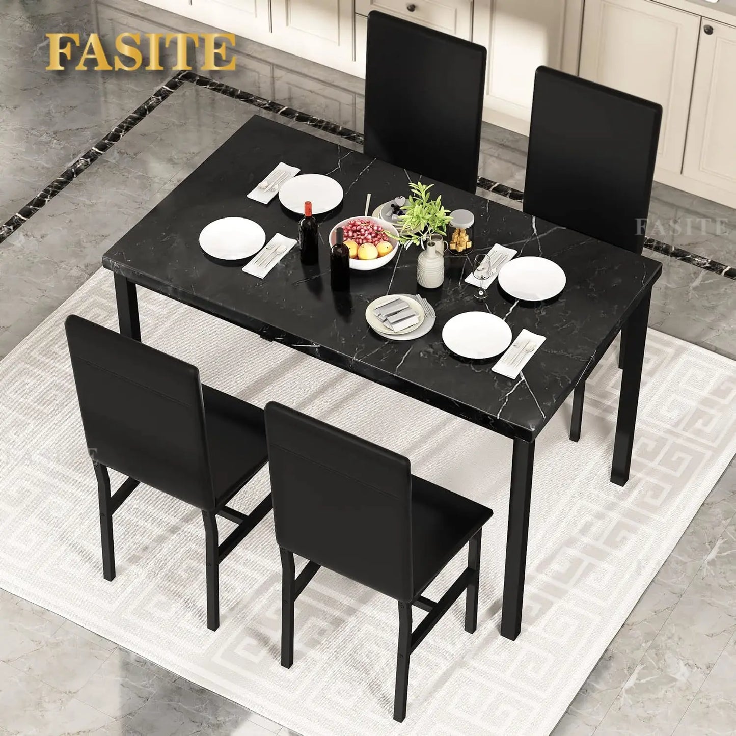 White Faux Marble Dining Table with 4 Upholstered Chairs, 5-Piece Dining Room Table Set for Small Space, Breakfast Table