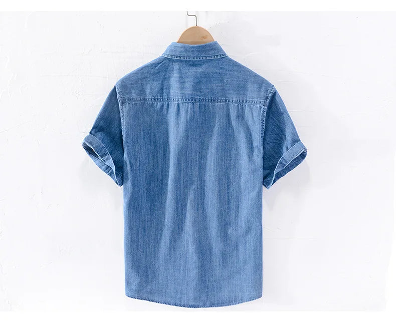 Men Denim Shirt , Thin Summer Half Sleeve Casual Top, Loose Trendy Handsome Short Sleeve ，Camping Denim Short Sleeve Jacket