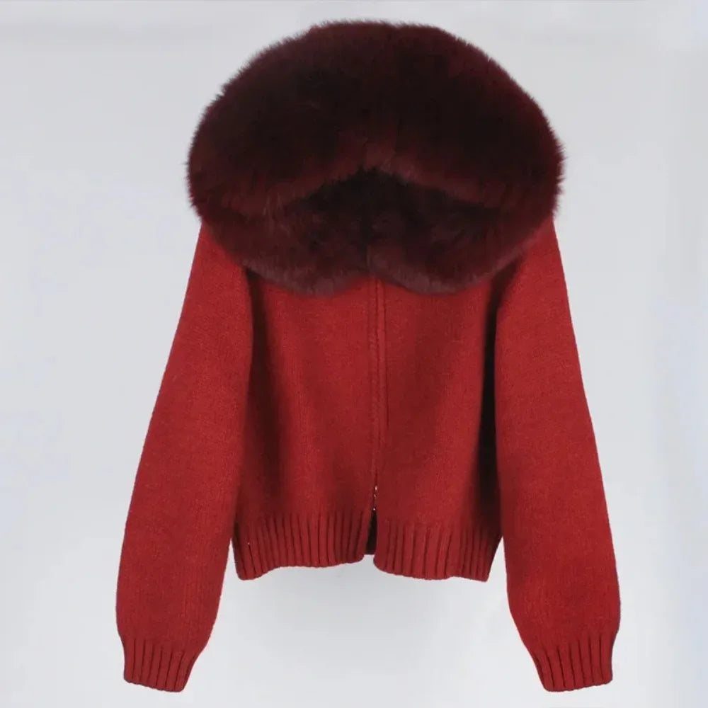 2024 Fashion Autumn Winter Casual Hooded Real Fox Fur Collar Fashion Short Knitted Jacket with Natural Fur Coat for Women