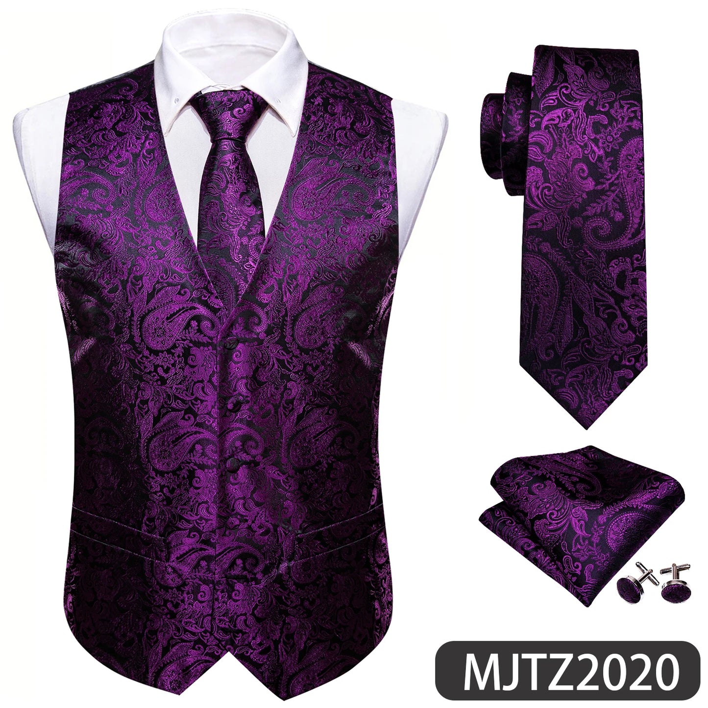 Lilac Purple Violet Lavender Silk Men Vest Tie Hanky Cufflinks Set Woven Waistcoat Sleeveless Jacket Wedding Business Barry.Wang