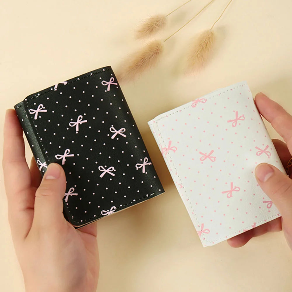 Cute Flower Bow Wallet Women Sweet Pink Three Fold Purse Card Holder for Girl Portable Travel Cash Coin Pouch Photo Card Bag