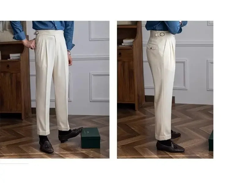 Spring Autumn White Men's Trousers Business Casual Cropped Pants Paris Button Trendy Italian Style