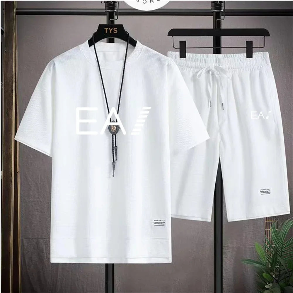 Men's summer new round necked short sleeved and shorts two-piece set with the letters EA1 printed, fashionable and casual set