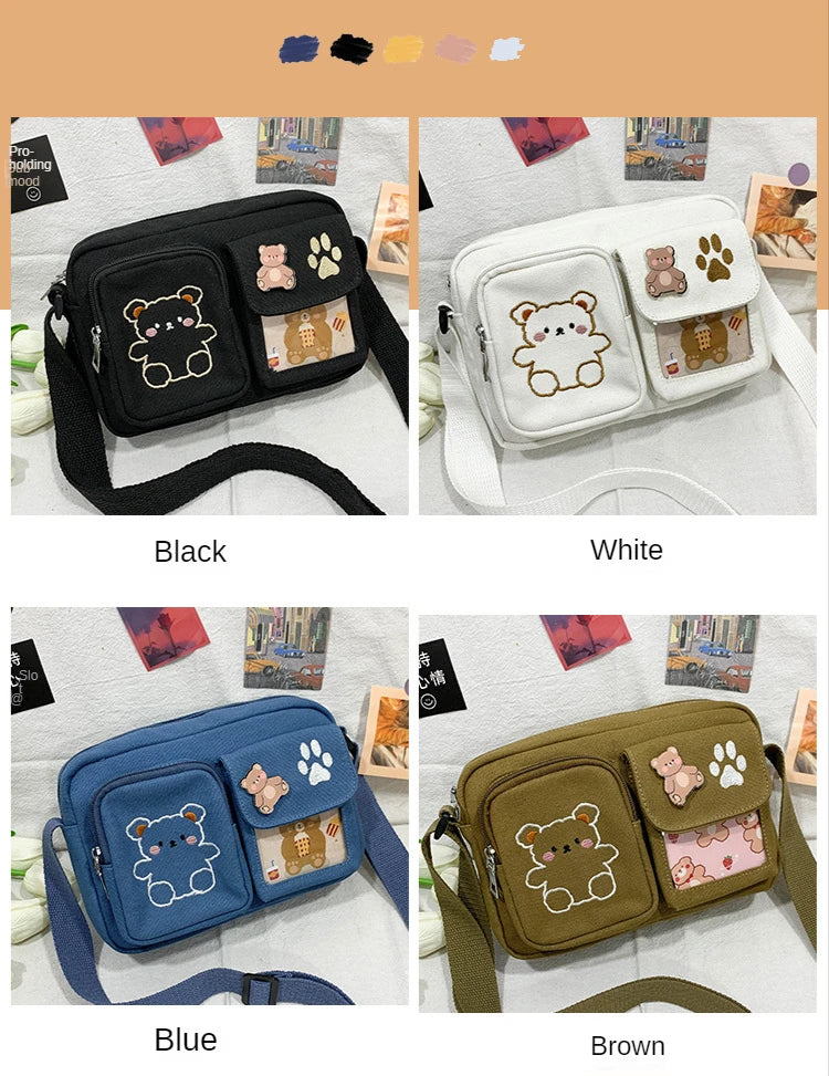 Canvas Small Bag Japanese ins Women Shoulder Bag Cute Funny Personality Embroidery Bear Girl Student Transparent Messenger Bag