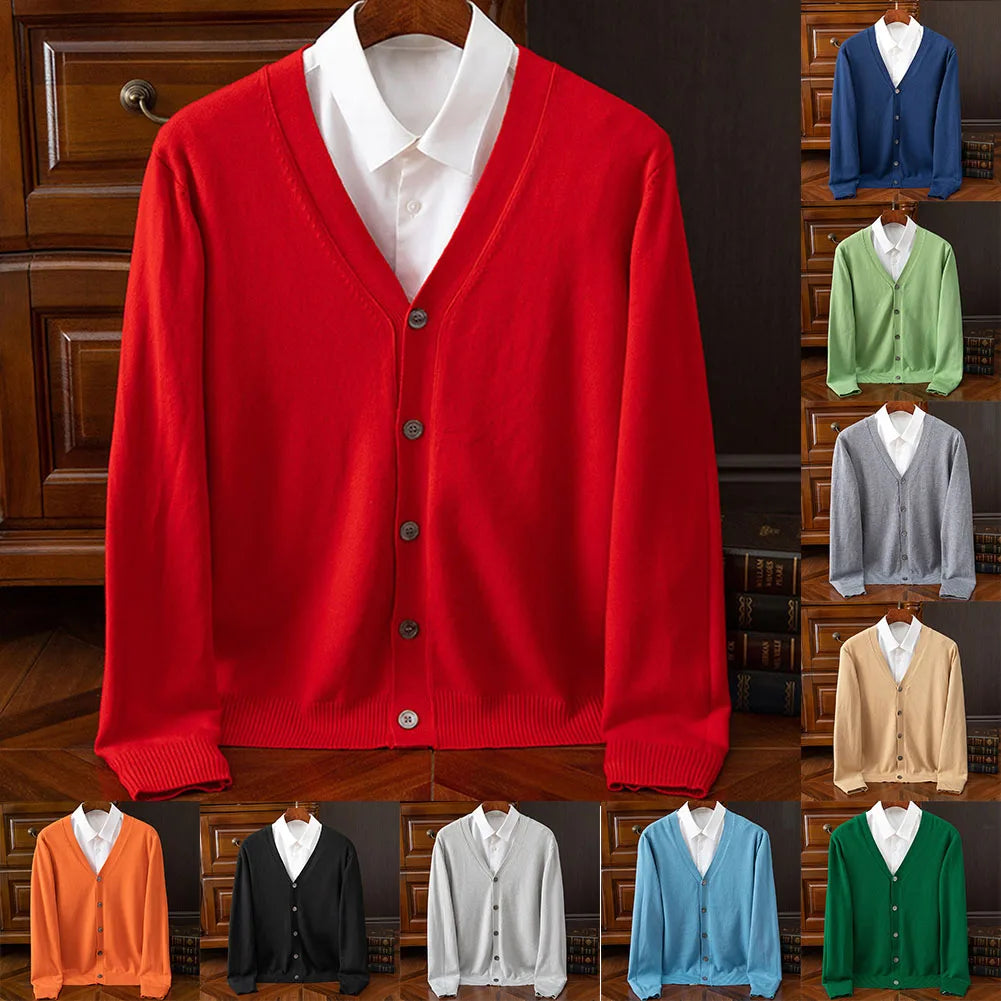 Fashion Men's Classic Solid Color Knit V-Neck Cardigan Sweater Soft Baggy High End Cardigans Sweaters Coat Man Clothing