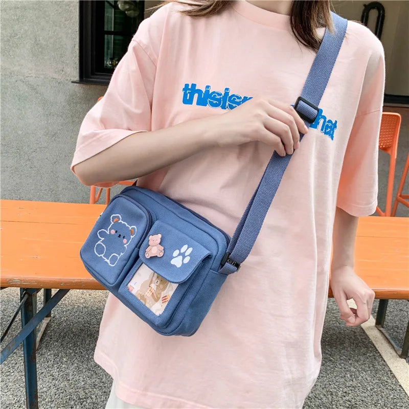 Canvas Small Bag Japanese ins Women Shoulder Bag Cute Funny Personality Embroidery Bear Girl Student Transparent Messenger Bag