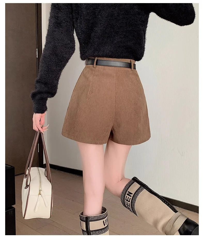 Corduroy Velvet Women Shorts Autumn Winter High Waist Slim Flared Trousers Fashionable Temperament A- crotch Boots