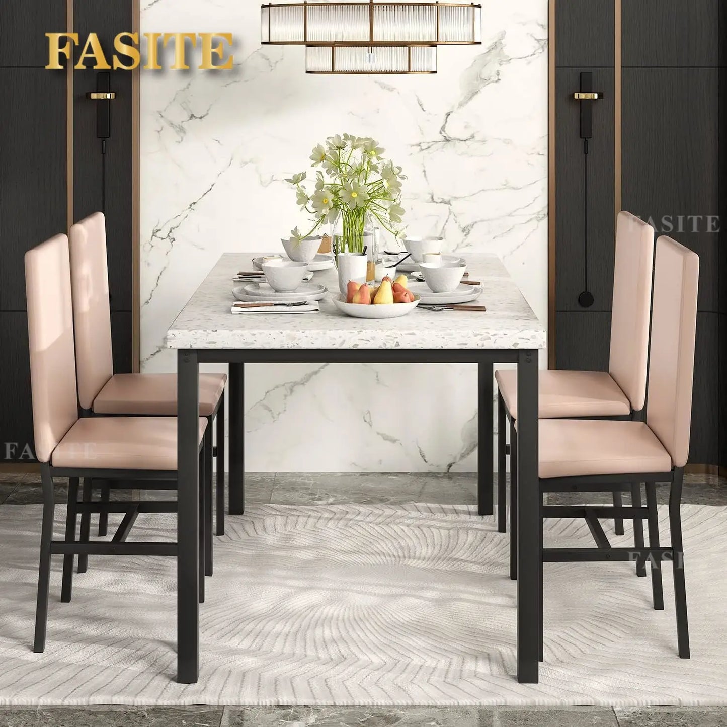 White Faux Marble Dining Table with 4 Upholstered Chairs, 5-Piece Dining Room Table Set for Small Space, Breakfast Table